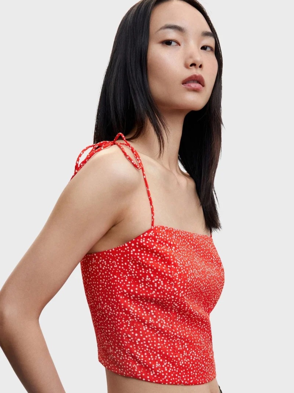 Mango Printed Strappy Crop Top Red Polka Dot Smocked Back Cottagecore Medium